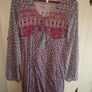 Xhilaration Boho Dress S Long Sleeves Tassel Ties Multi Colored